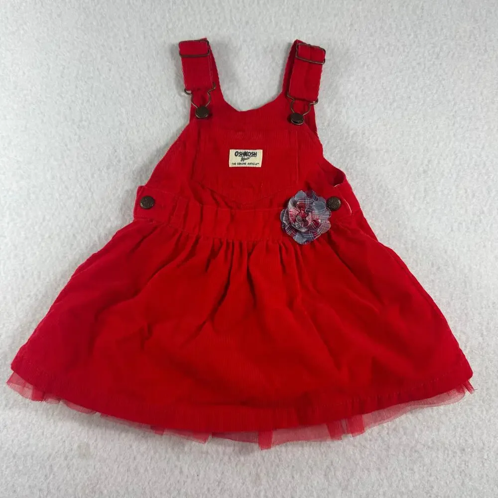 OshKosh B'Gosh 18M Corduroy Dress Red Ruffles Flower Rew White Blue